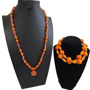 Chunky Statement Orange Necklace Set Carved Animal Pendant Wood Glass Boho Bold‎